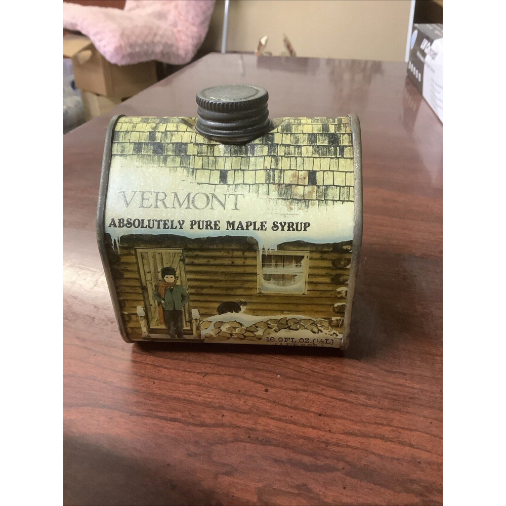 Vintage 1984 Vermont Maple Syrup Log Cabin Metal Empty Tin Container
